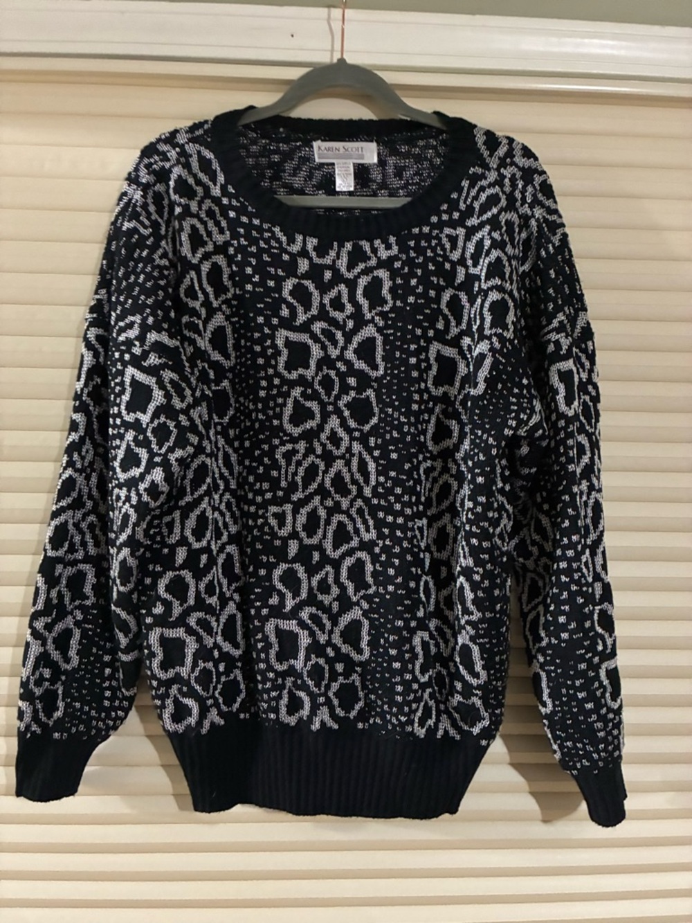 Karen Scott Black and White Crewneck Animal-Print Sweater